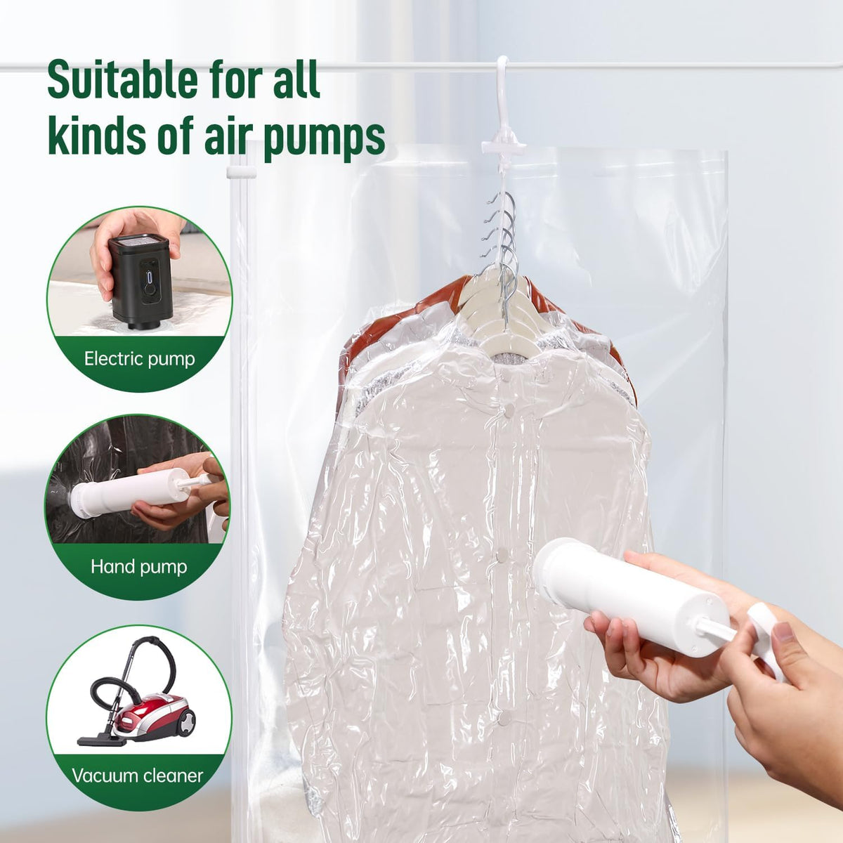 Hanging Vacuum Storage Bags for Clothes with Hand Pump,Coat Storage Bag Hanging,Vacuum Bags for Clothes,Space Saver Vacuum Storage Bags,Garment, Clothing, Dress, Suit, Long Coat, Jacket(Long 4 Pack)