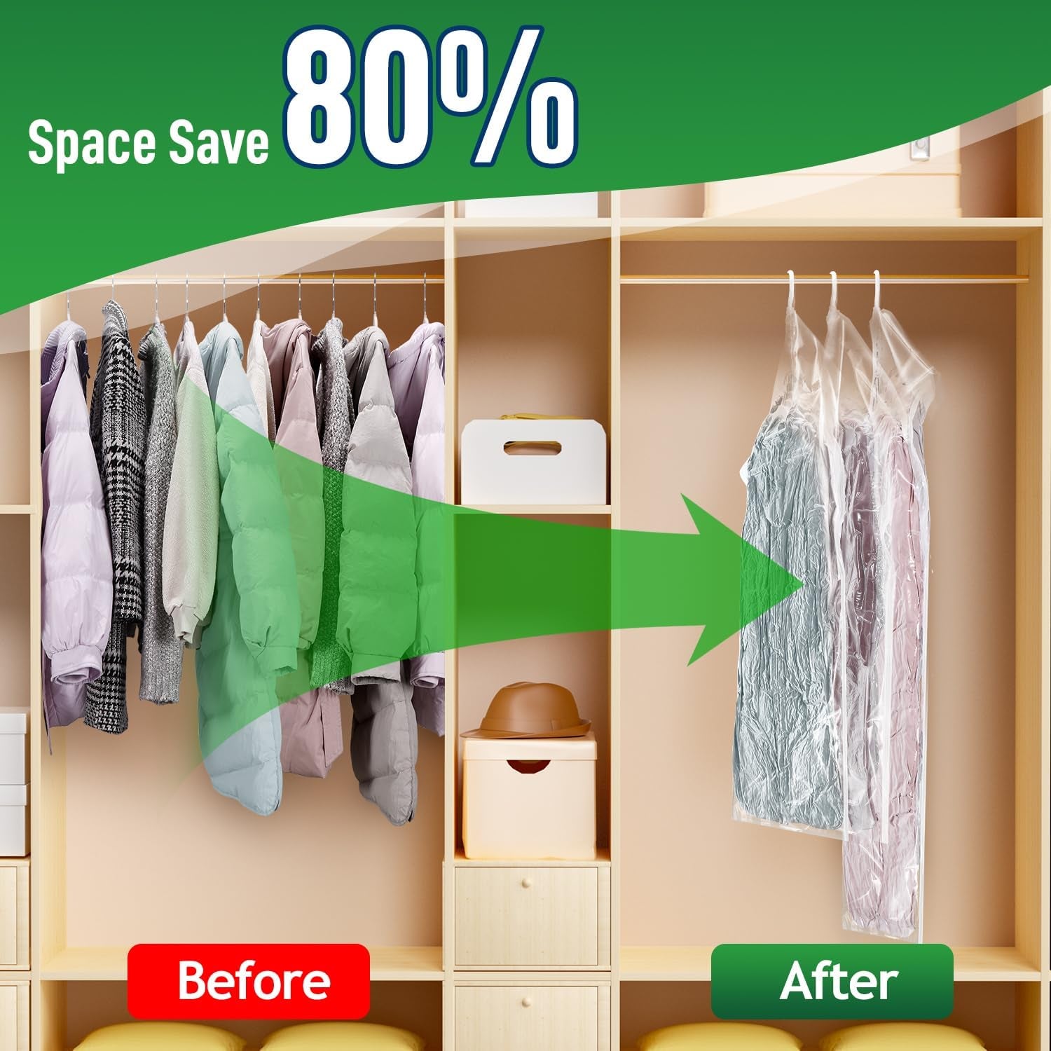 Hanging Vacuum Storage Bags for Clothes with Hand Pump,Coat Storage Bag Hanging,Vacuum Bags for Clothes,Space Saver Vacuum Storage Bags,Garment, Clothing, Dress, Suit, Long Coat, Jacket(Long 4 Pack）