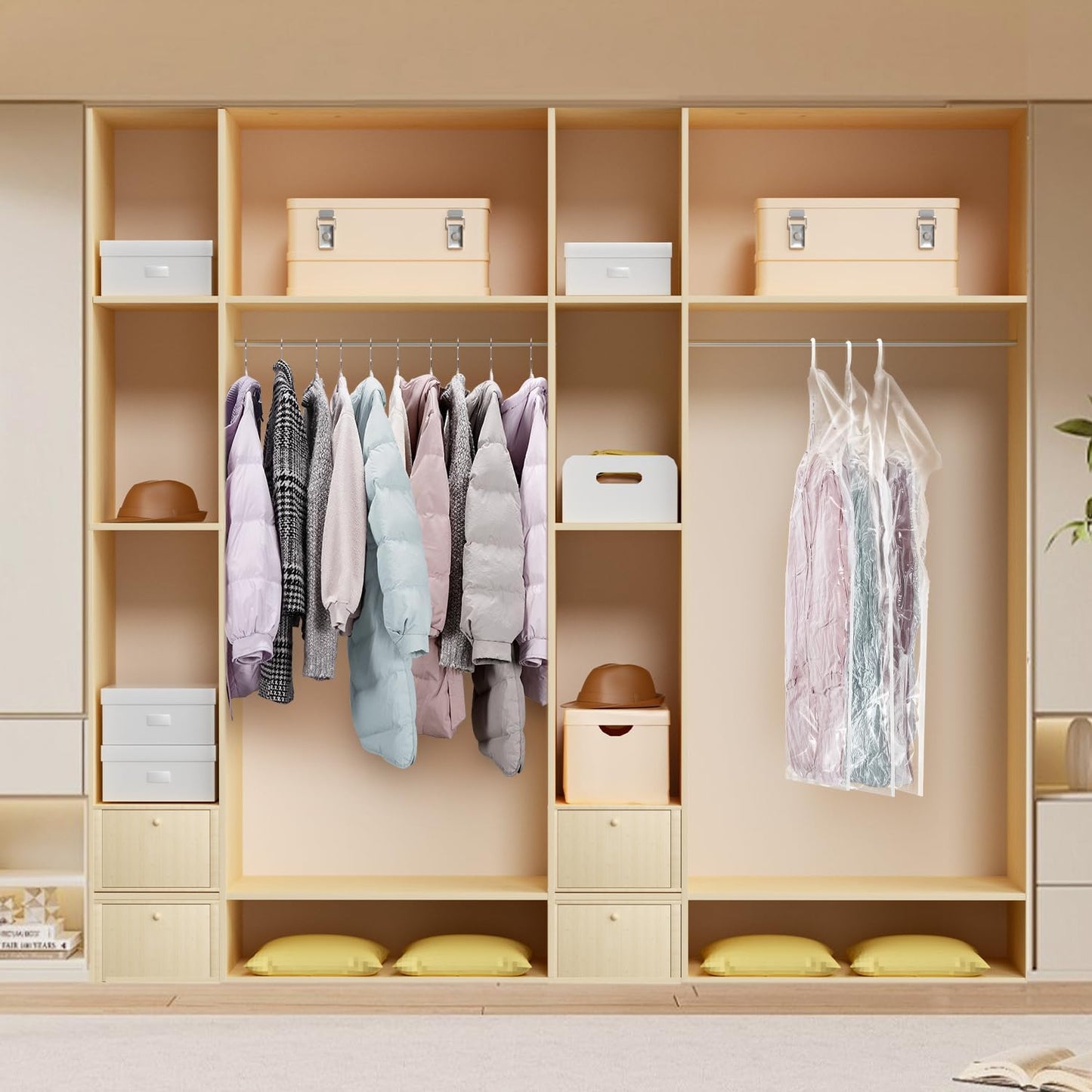 Hanging Vacuum Storage Bags for Clothes with Hand Pump,Coat Storage Bag Hanging,Vacuum Bags for Clothes,Space Saver Vacuum Storage Bags,Garment, Clothing, Dress, Suit, Long Coat, Jacket(Long 4 Pack）