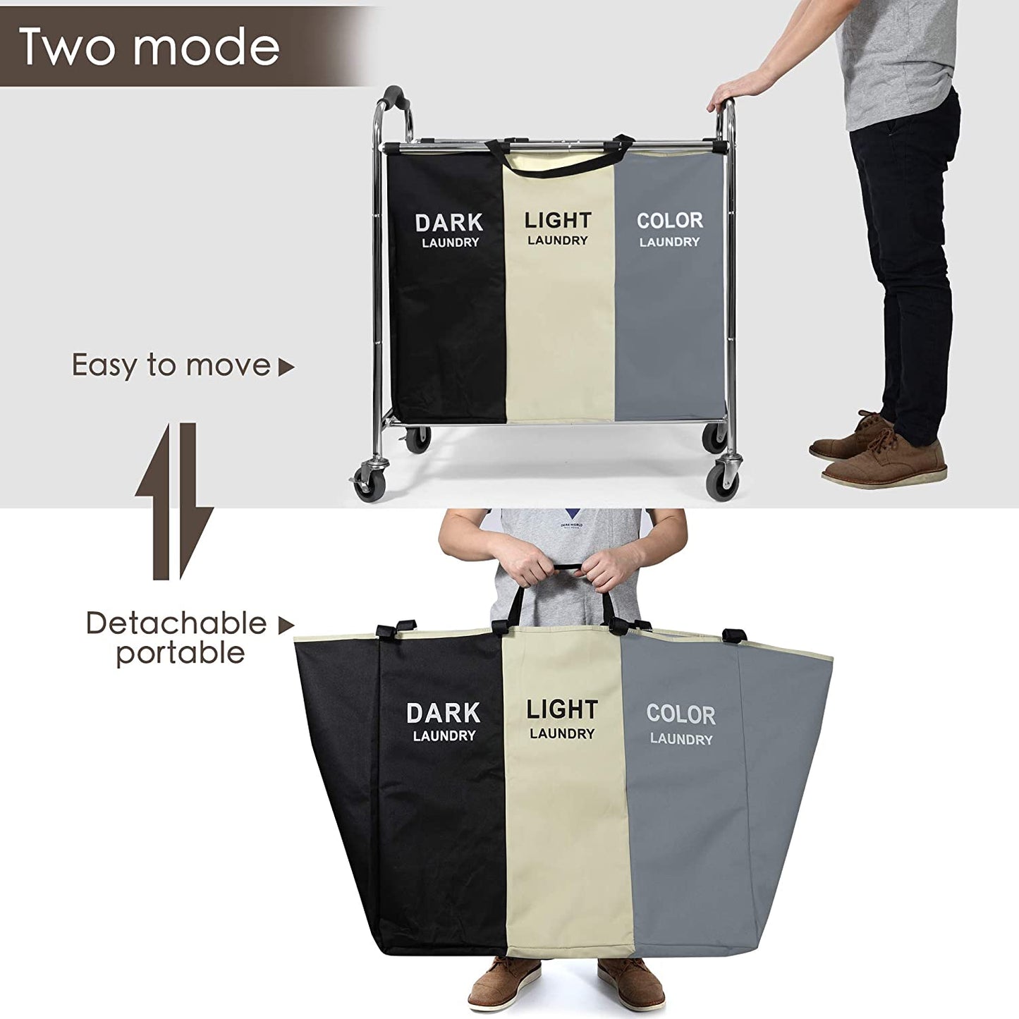 Rolling Laundry Hamper with 3 Sections - Dark, Light & Color Sorter