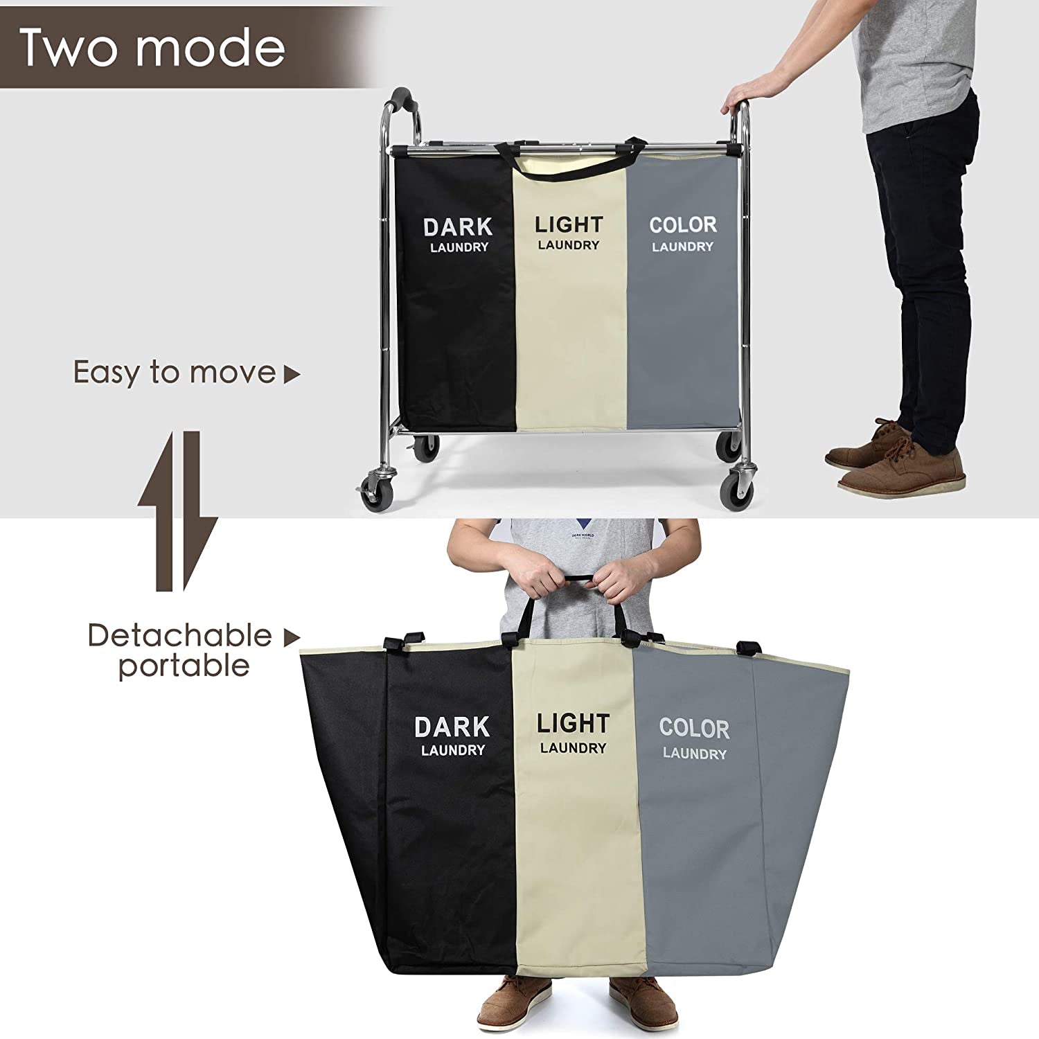 Rolling Laundry Hamper with 3 Sections - Dark, Light & Color Sorter