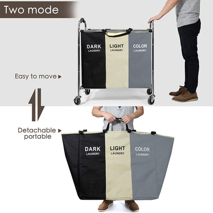 Rolling Laundry Hamper with 3 Sections - Dark, Light & Color Sorter