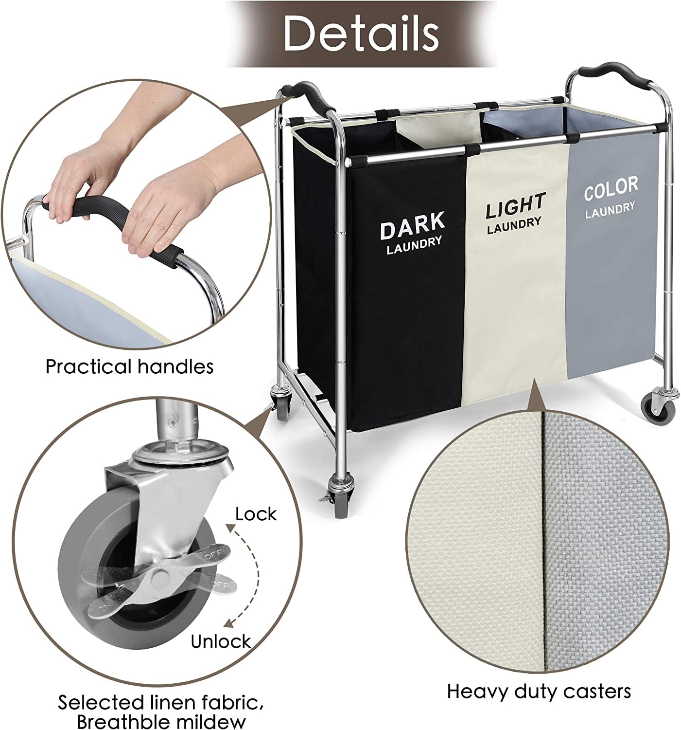Rolling Laundry Hamper with 3 Sections - Dark, Light & Color Sorter