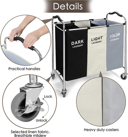 Rolling Laundry Hamper with 3 Sections - Dark, Light & Color Sorter