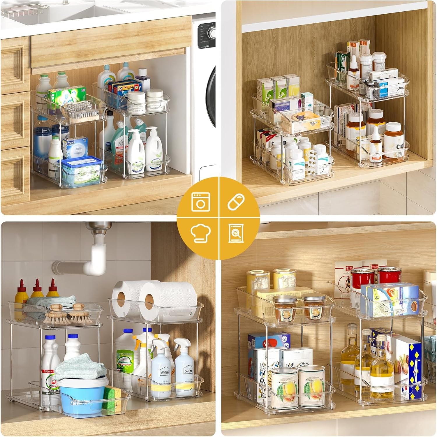2-Tier under Sink Organizers and Storage, Multi-Purpose Stackable Bathroom Cabinet Organizers, Pull Out Kitchen Pantry Organization and Storage with Dividers(2 Pack, Clear)