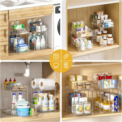 2-Tier under Sink Organizers and Storage, Multi-Purpose Stackable Bathroom Cabinet Organizers, Pull Out Kitchen Pantry Organization and Storage with Dividers(2 Pack, Clear)