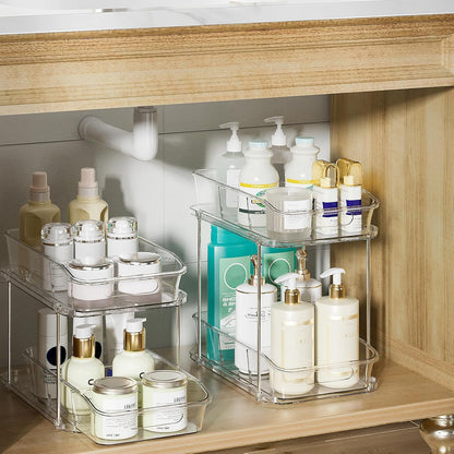 2-Tier under Sink Organizers and Storage, Multi-Purpose Stackable Bathroom Cabinet Organizers, Pull Out Kitchen Pantry Organization and Storage with Dividers(2 Pack, Clear)