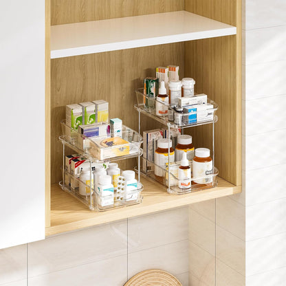 2-Tier under Sink Organizers and Storage, Multi-Purpose Stackable Bathroom Cabinet Organizers, Pull Out Kitchen Pantry Organization and Storage with Dividers(2 Pack, Clear)