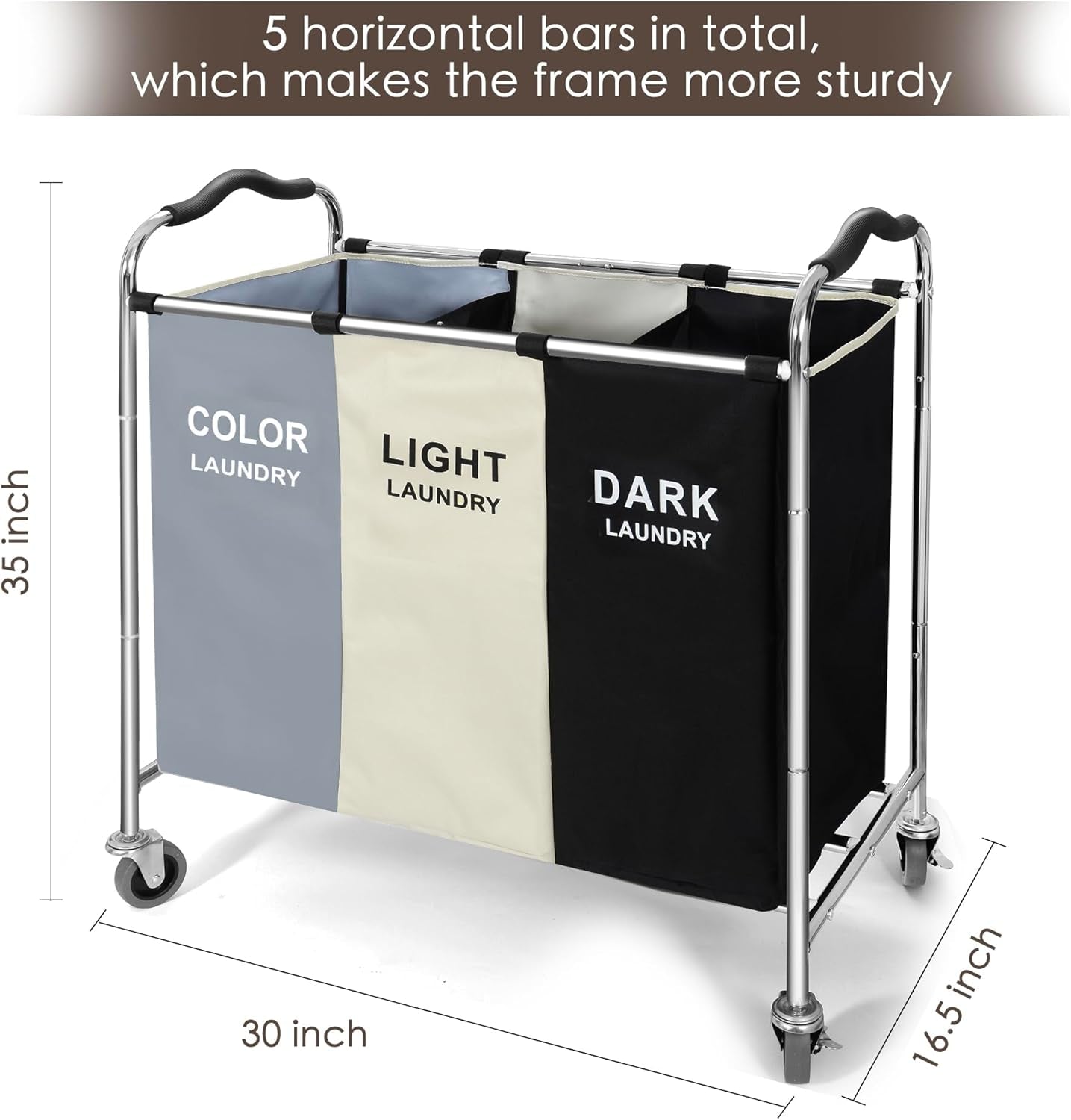 Rolling Laundry Hamper with 3 Sections - Dark, Light & Color Sorter