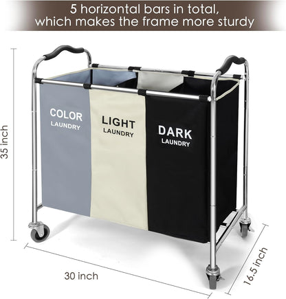 Rolling Laundry Hamper with 3 Sections - Dark, Light & Color Sorter