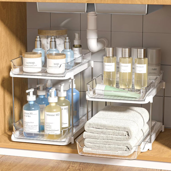 2 Pack Set under Sink Organizers and Storage, 2 Tier Sliding Bathroom Sink Organizer, Multi-Use under Kitchen Cabinet Storage Shelf (S&L), Transparent
