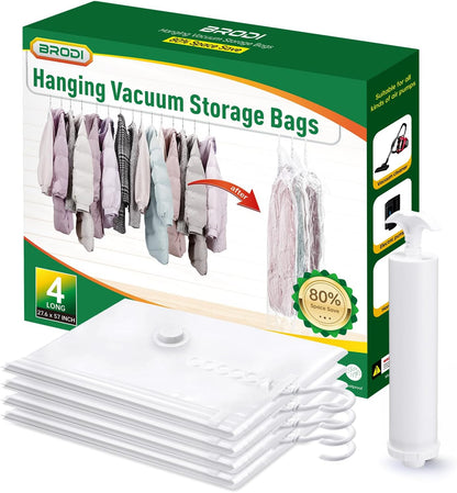 Hanging Vacuum Storage Bags for Clothes with Hand Pump,Coat Storage Bag Hanging,Vacuum Bags for Clothes,Space Saver Vacuum Storage Bags,Garment, Clothing, Dress, Suit, Long Coat, Jacket(Long 4 Pack）