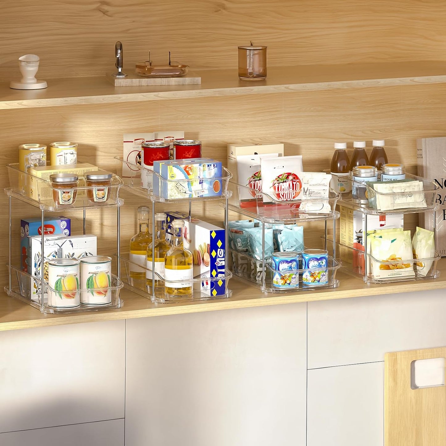 2-Tier under Sink Organizers and Storage, Multi-Purpose Stackable Bathroom Cabinet Organizers, Pull Out Kitchen Pantry Organization and Storage with Dividers(2 Pack, Clear)