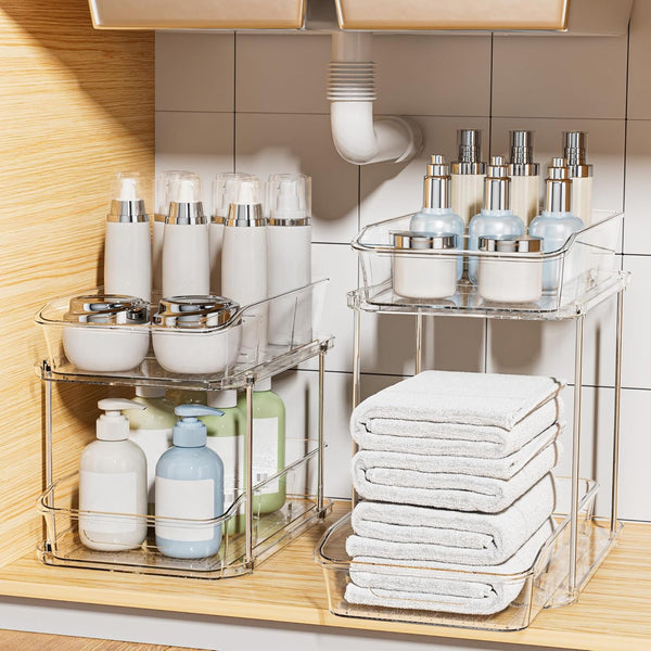 2-Tier under Sink Organizers and Storage, Multi-Purpose Stackable Bathroom Cabinet Organizers, Pull Out Kitchen Pantry Organization and Storage with Dividers(2 Pack, Clear)