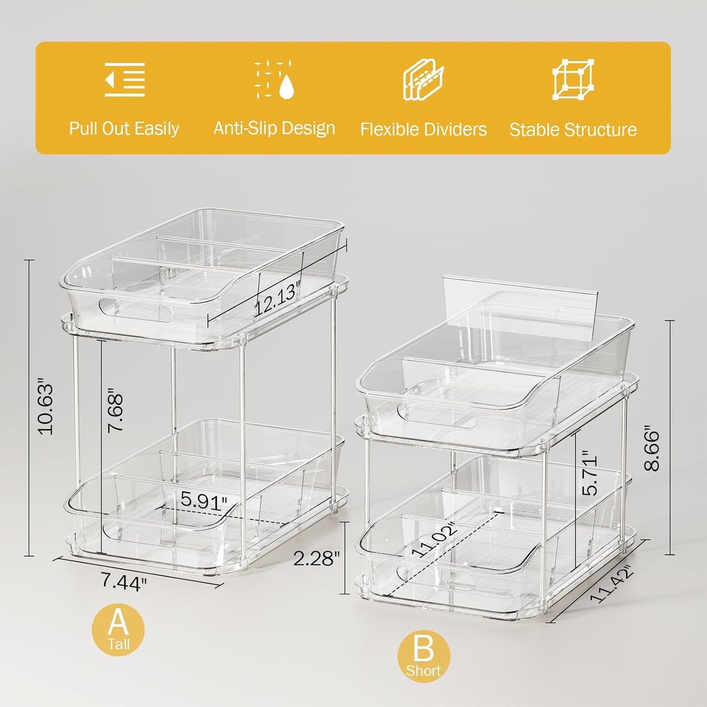 2-Tier under Sink Organizers and Storage, Multi-Purpose Stackable Bathroom Cabinet Organizers, Pull Out Kitchen Pantry Organization and Storage with Dividers(2 Pack, Clear)