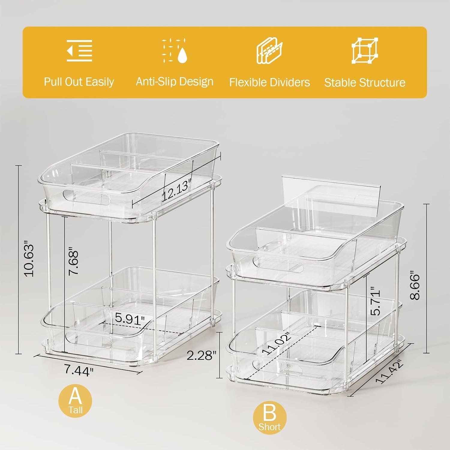 2-Tier under Sink Organizers and Storage, Multi-Purpose Stackable Bathroom Cabinet Organizers, Pull Out Kitchen Pantry Organization and Storage with Dividers(2 Pack, Clear)