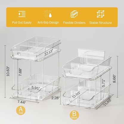 2-Tier under Sink Organizers and Storage, Multi-Purpose Stackable Bathroom Cabinet Organizers, Pull Out Kitchen Pantry Organization and Storage with Dividers(2 Pack, Clear)