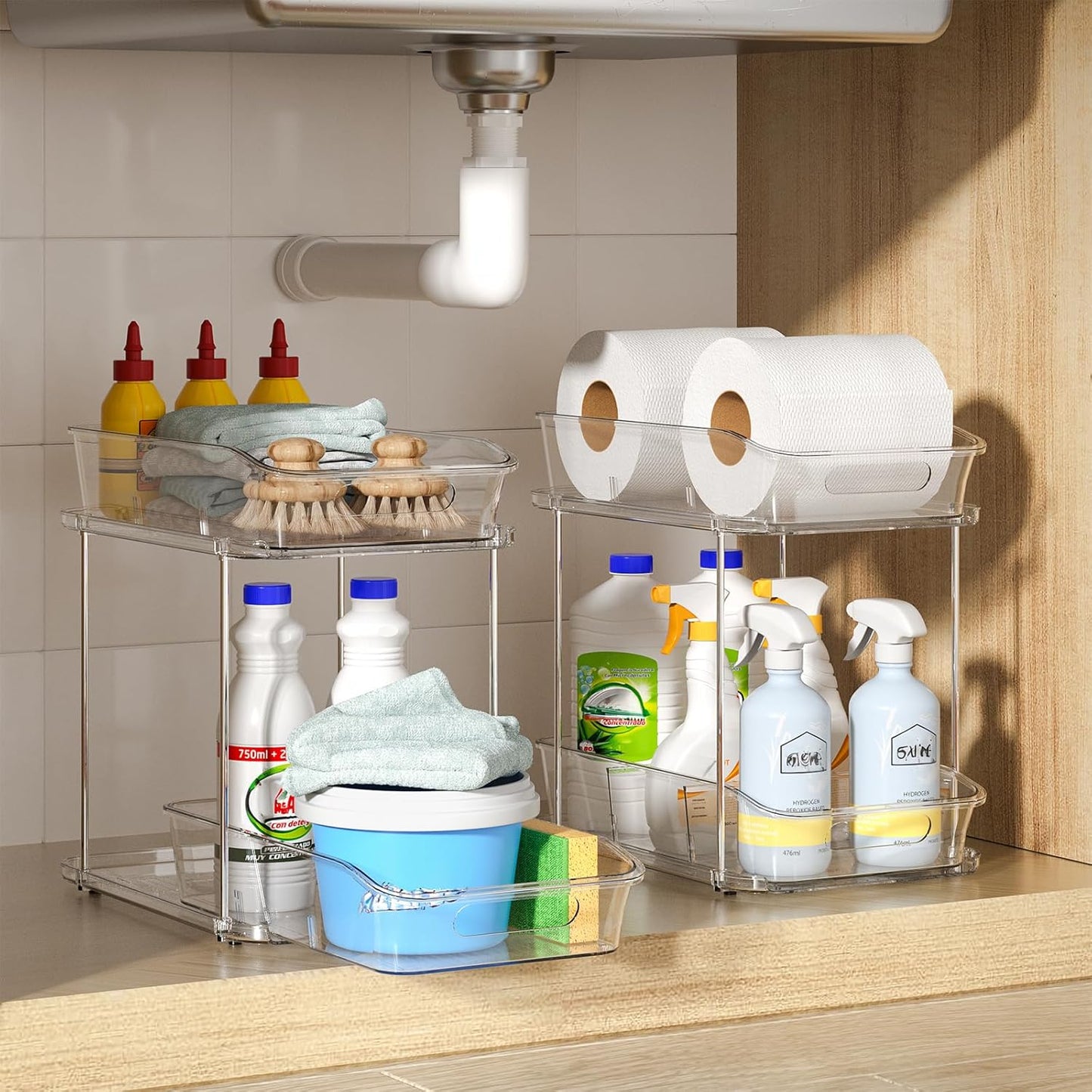 2-Tier under Sink Organizers and Storage, Multi-Purpose Stackable Bathroom Cabinet Organizers, Pull Out Kitchen Pantry Organization and Storage with Dividers(2 Pack, Clear)
