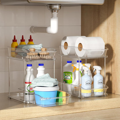2-Tier under Sink Organizers and Storage, Multi-Purpose Stackable Bathroom Cabinet Organizers, Pull Out Kitchen Pantry Organization and Storage with Dividers(2 Pack, Clear)