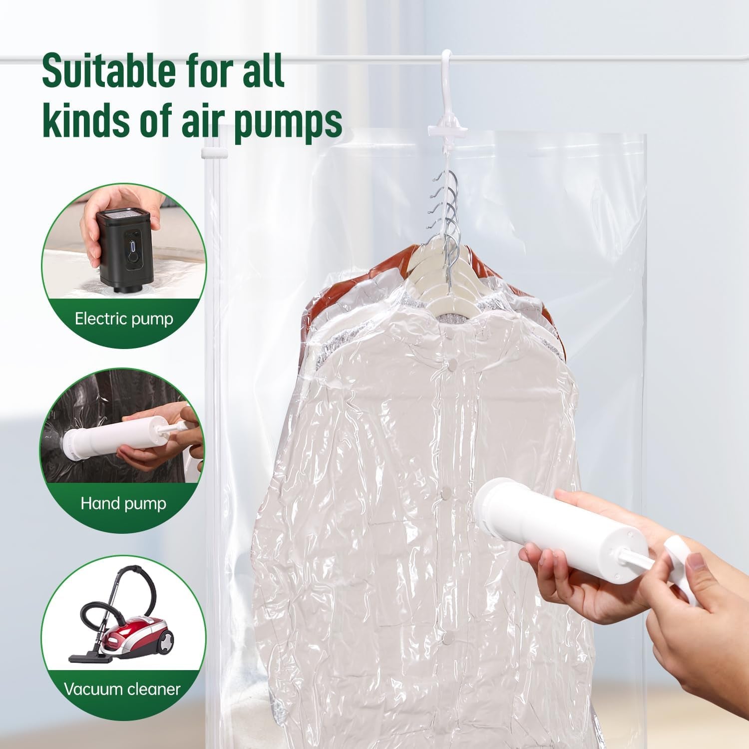 Hanging Vacuum Storage Bags for Clothes with Hand Pump,Coat Storage Bag Hanging,Vacuum Bags for Clothes,Space Saver Vacuum Storage Bags,Garment, Clothing, Dress, Suit, Long Coat, Jacket(Long 4 Pack）