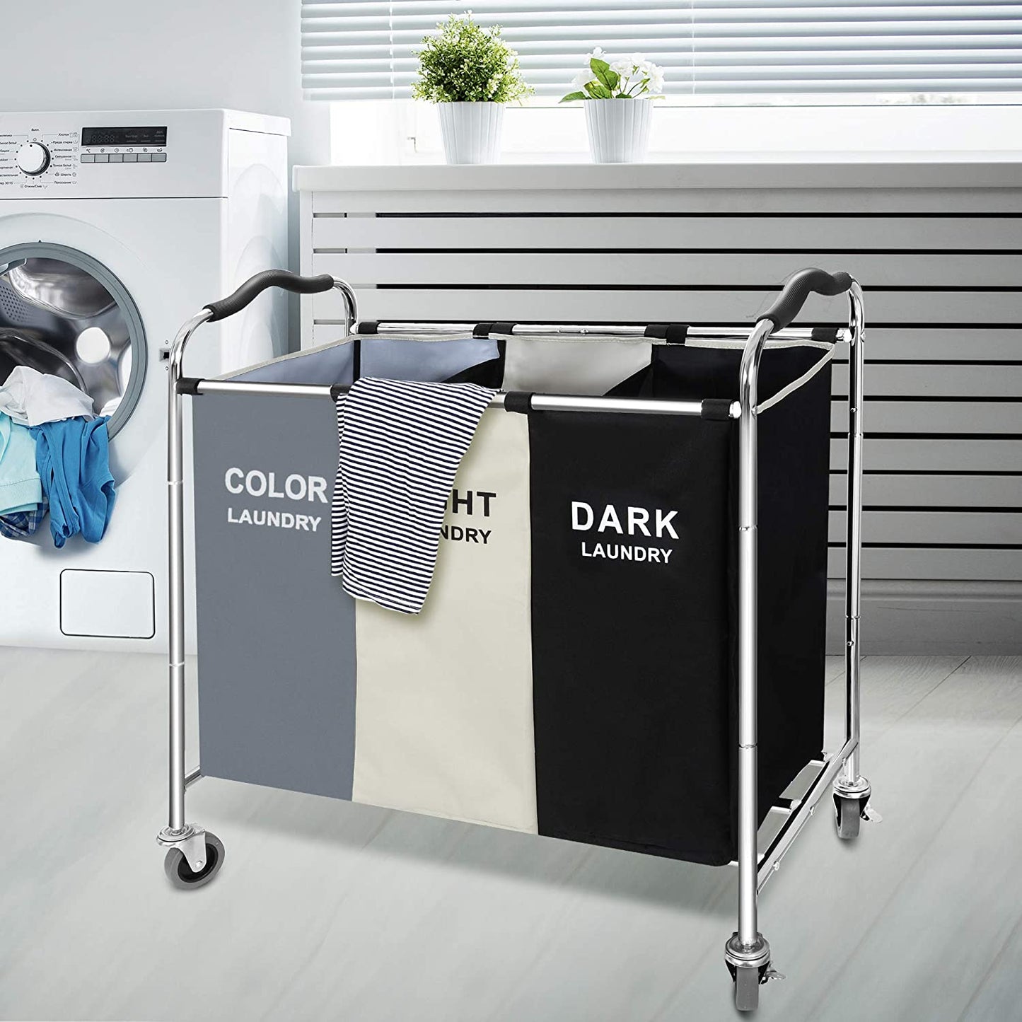 Rolling Laundry Hamper with 3 Sections - Dark, Light & Color Sorter