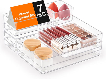 7-Piece Drawer Organizer Set – Clear, Non-Slip, Multi-Size Storage Trays