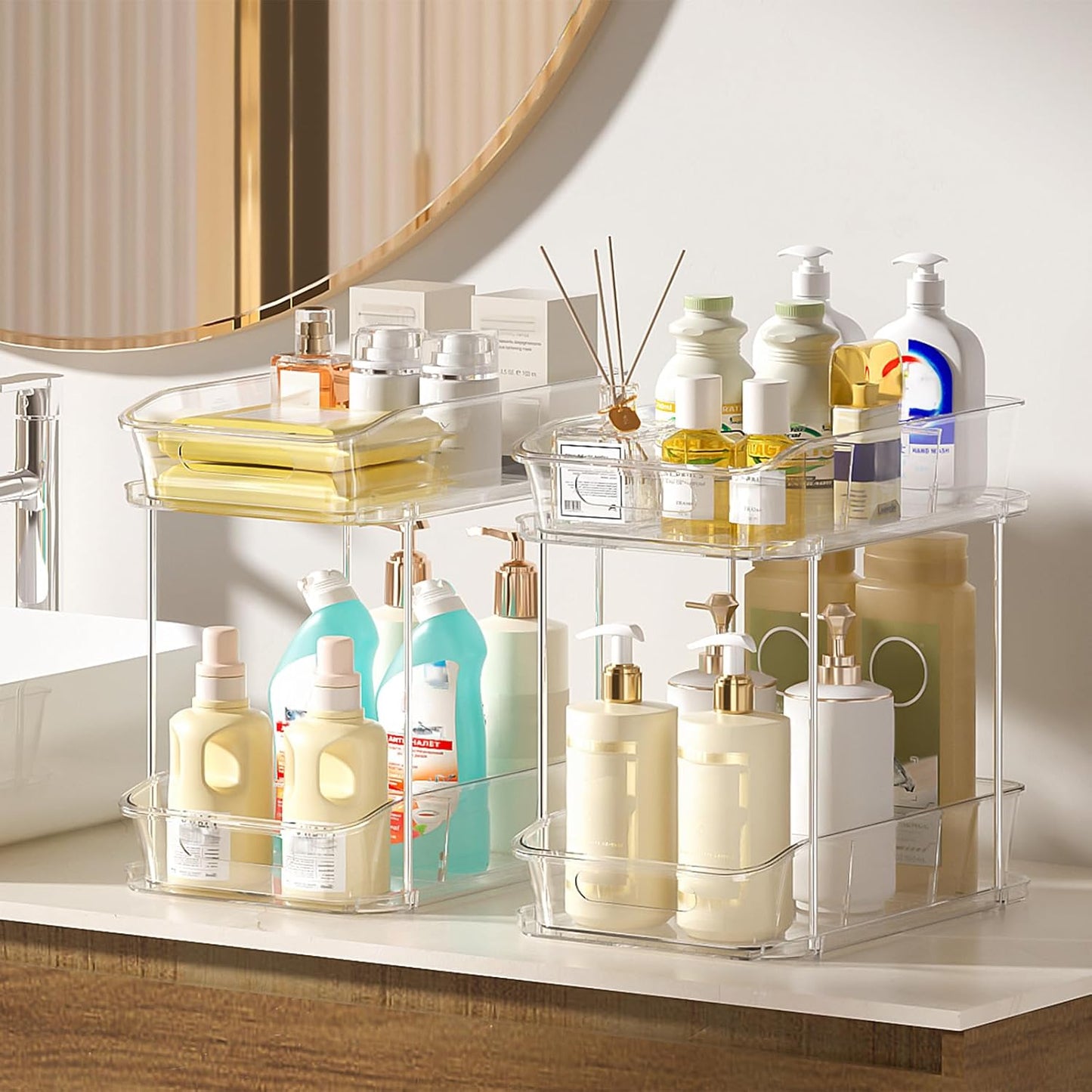 2-Tier under Sink Organizers and Storage, Multi-Purpose Stackable Bathroom Cabinet Organizers, Pull Out Kitchen Pantry Organization and Storage with Dividers(2 Pack, Clear)
