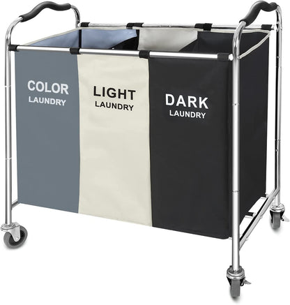 Rolling Laundry Hamper with 3 Sections - Dark, Light & Color Sorter